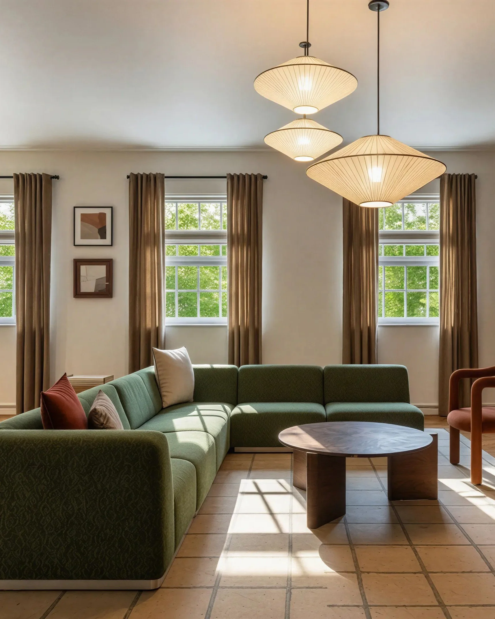 A living room with a green couch, red, beige, and white pillows, a round wooden coffee table, large windows with white trim, and beige curtains, illuminated by natural and pendant lighting.