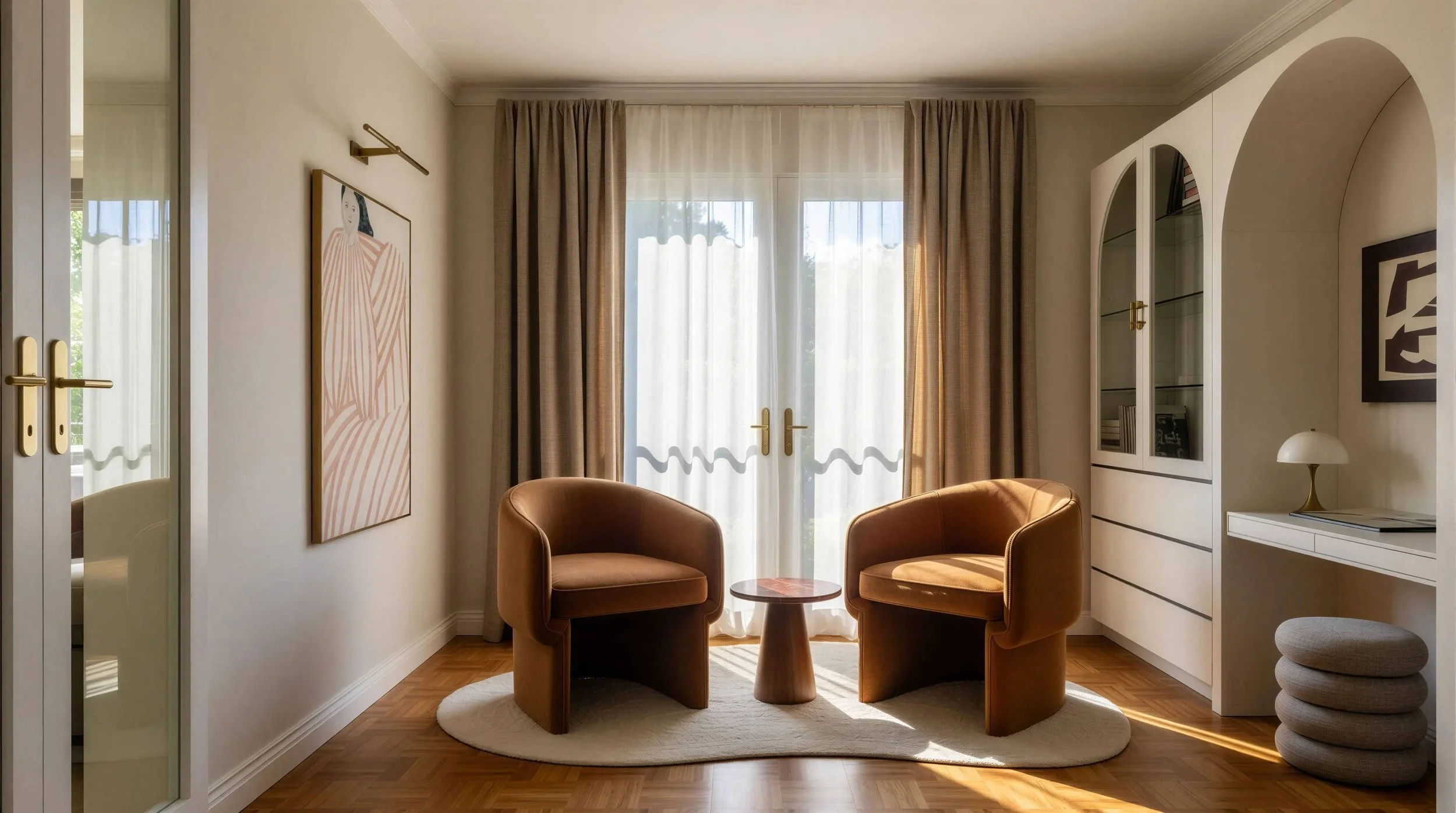 A cozy living room corner with two tan armchairs around a small round wooden table, large window with beige curtains, white built-in shelves, artwork on the walls, and a small table lamp.