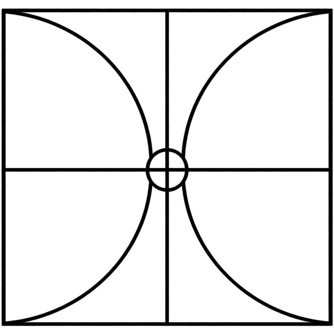 Un dessin géométrique d’un carré dont les sections sont divisées par des lignes verticales et horizontales et des demi-cercles.