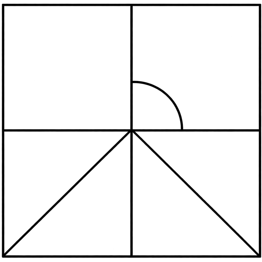 Un dessin géométrique d’un carré dont les sections sont divisées par des lignes verticales, horizontales et diagonales.