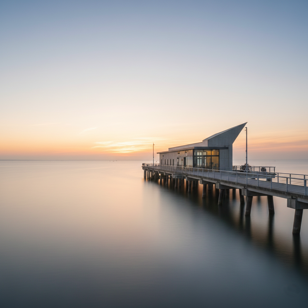 A modern building on a pier extending into calm water during sunset, with a clear sky and soft pastel colors.