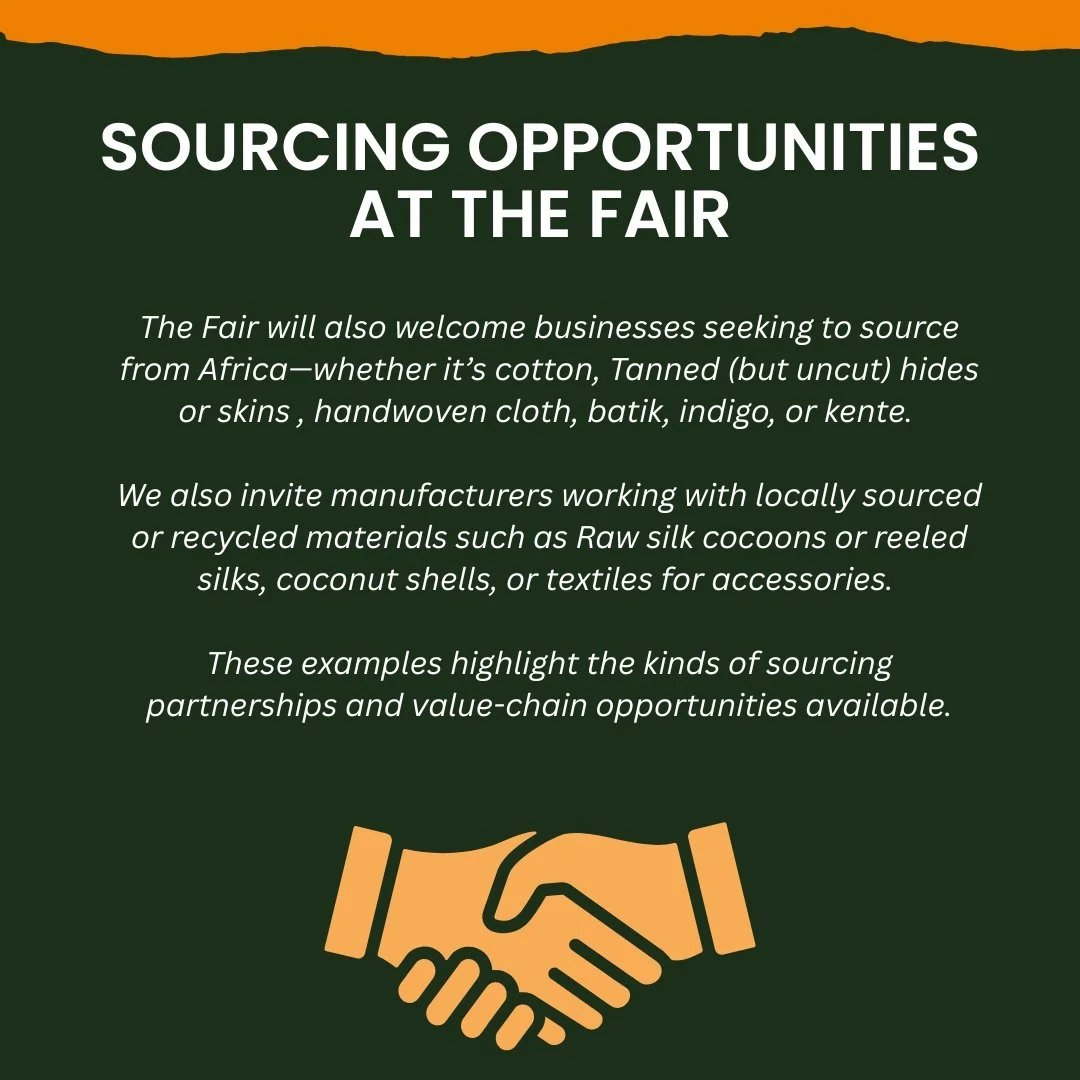 Information about sourcing opportunities at a fair, highlighting sourcing partnerships and value-chain opportunities, with an illustration of a handshake.