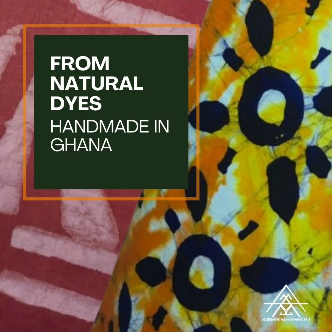 Text overlay on fabric background promoting handmade natural dyes in Ghana, featuring tie-dye pattern with yellow, orange, and black designs.