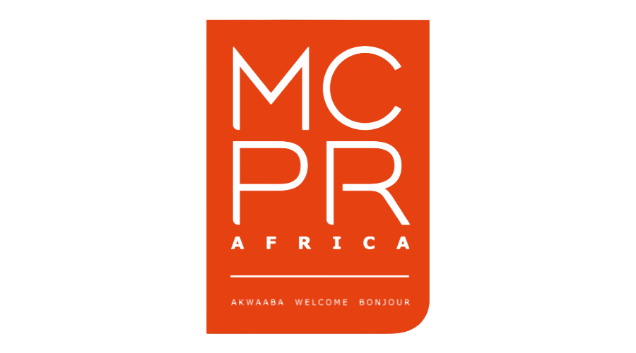 Logo with large black letters 'MC PR' on an orange background, with the word 'AFRICA' and 'AKWAABA WELCOME BONJOUR' underneath.