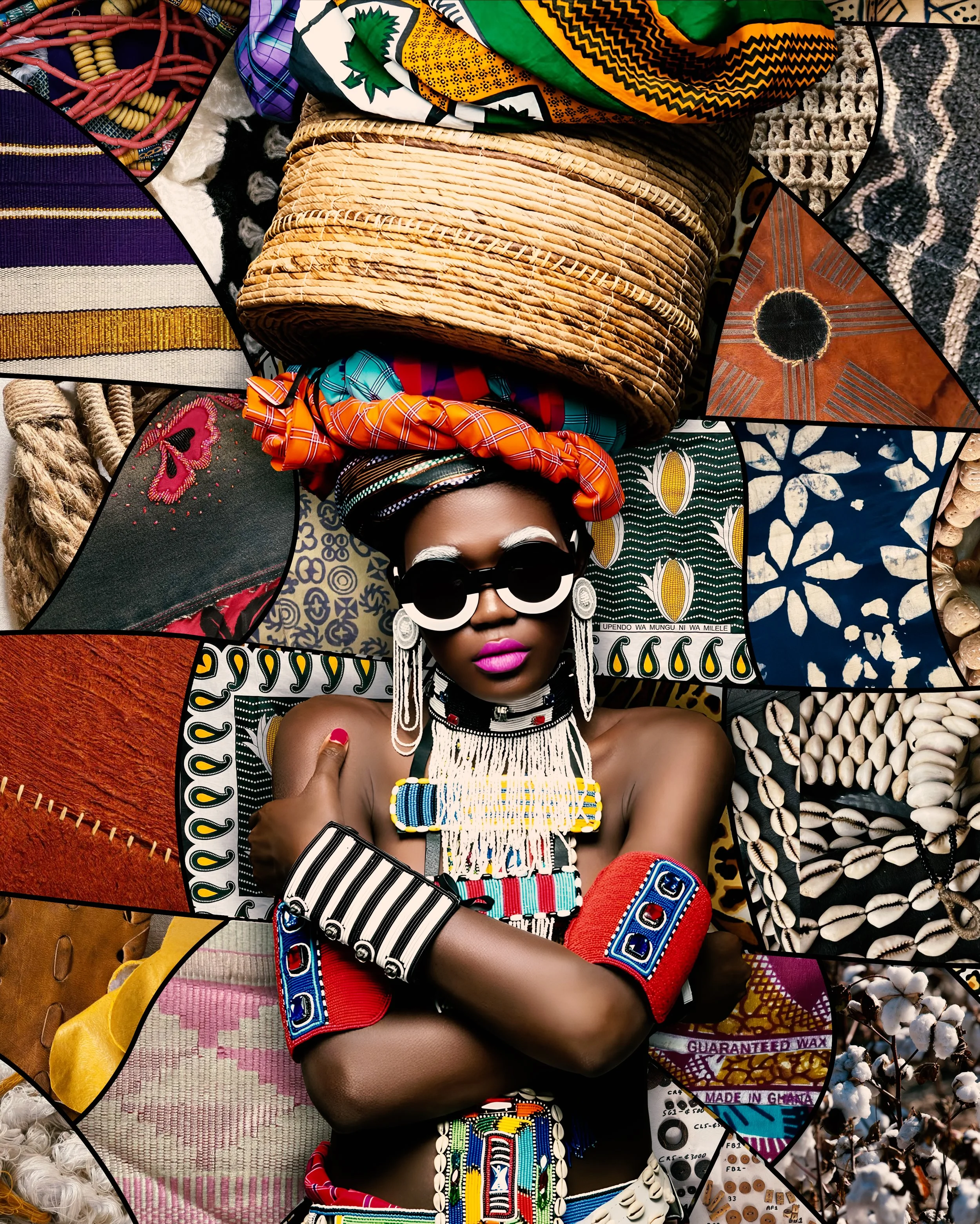 Woman with traditional and colorful African accessories including large beaded jewelry, patterned headwraps, and clothing, surrounded by multiple patterned textiles and artifacts.