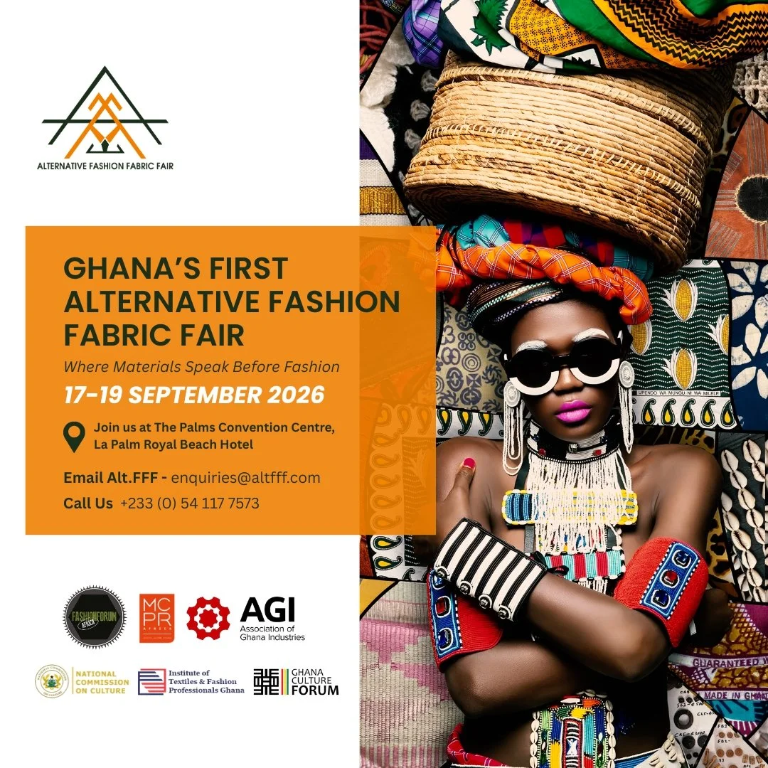 A promotional poster for Ghana's First Alternative Fashion Fabric Fair 2026. The poster features a woman in traditional Ghanaian attire with colorful jewelry and accessories, lying on a vibrant fabric background. The event is scheduled for September 