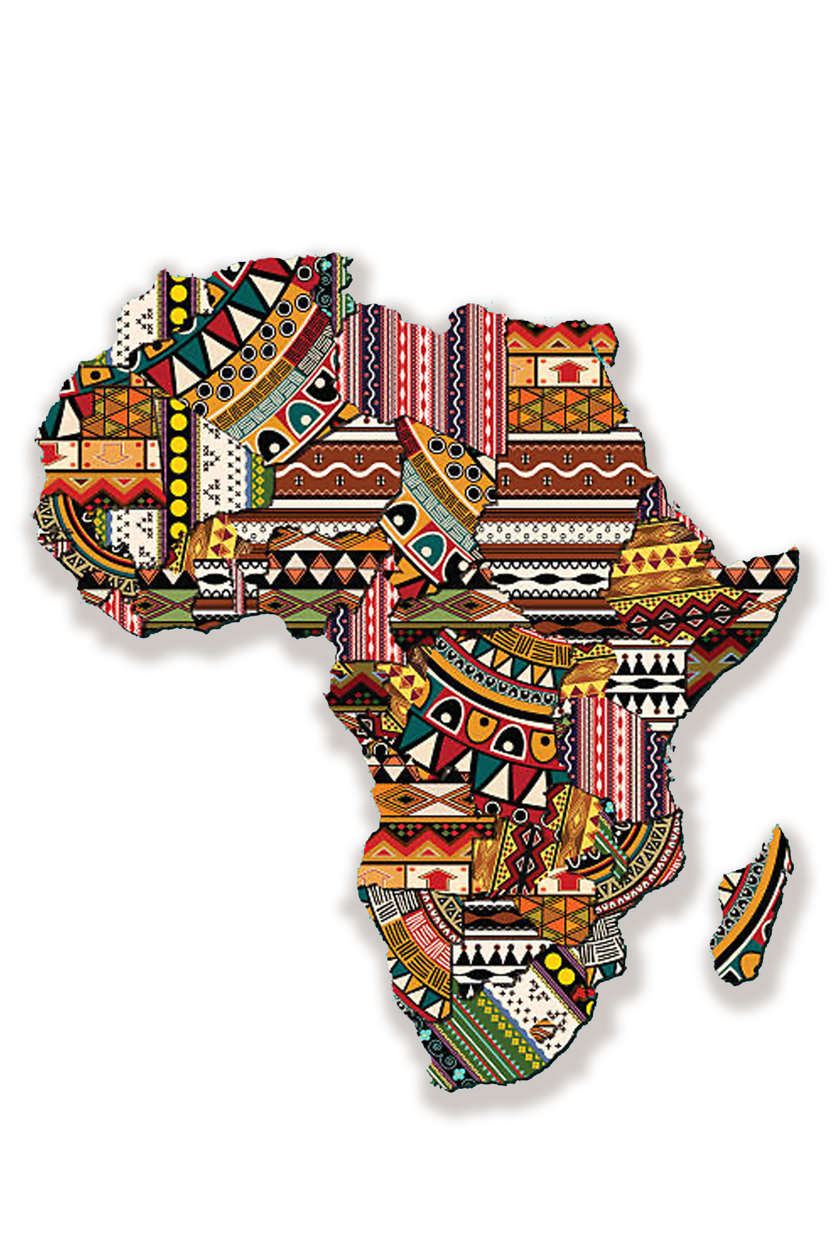 Colorful, patterned map of Africa with intricate ethnic designs on a dark background.