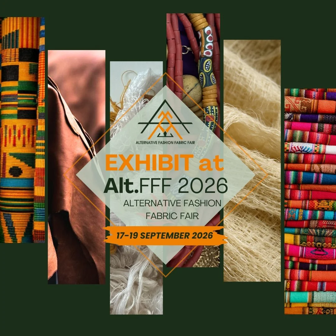 Poster for the Alternative Fashion Fabric Fair (ALT.FFF) 2026, with colorful fabric patterns and textures including traditional prints, textile samples, and fabrics, scheduled from September 17 to 19, 2026.