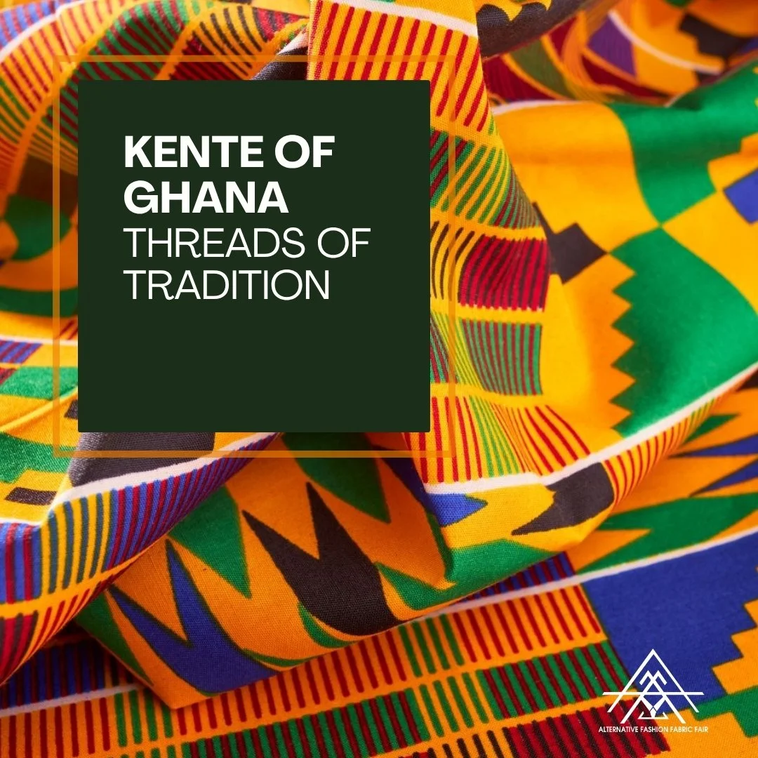 Colorful Kente cloth fabric with intricate geometric patterns and vibrant colors, representing Ghanaian tradition.