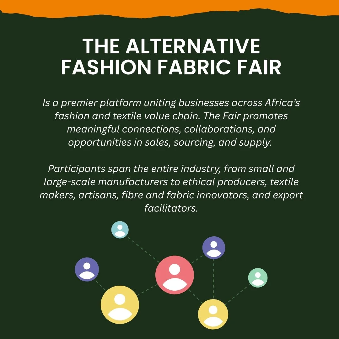 Poster for The Alternative Fashion Fabric Fair with informational text and a graphic of interconnected colorful icons representing people and industry connections.