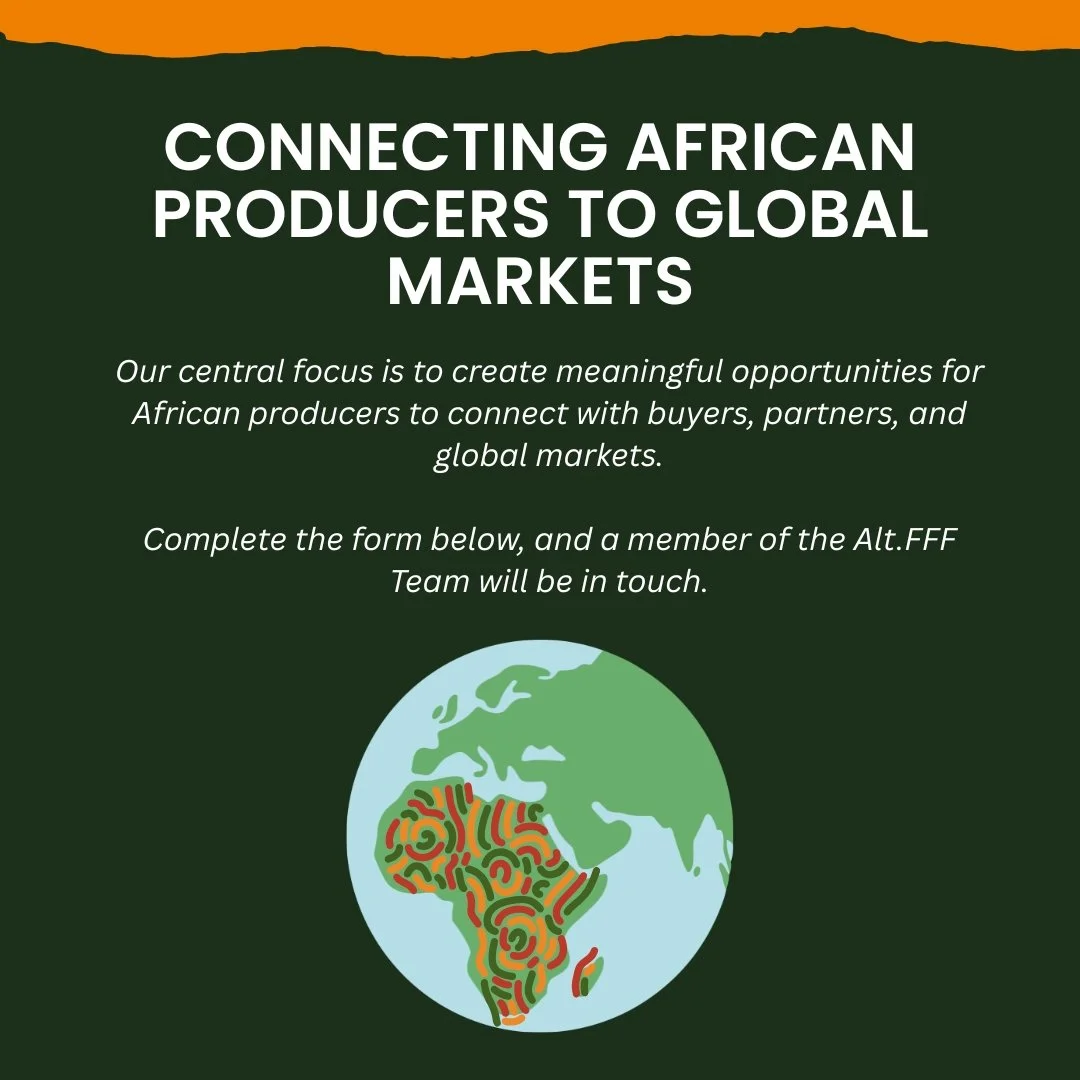 Flyer with green background and orange top border promoting connecting African producers to global markets with a graphic of the African continent on Earth.