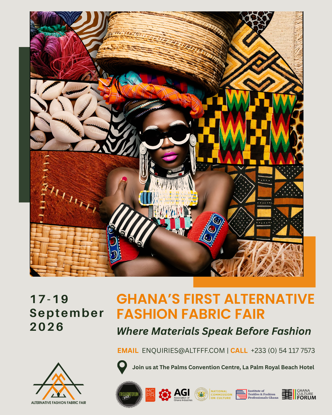 A woman wearing colorful African-inspired jewelry and accessories, lying on a background of various vibrant and patterned fabrics and textiles.