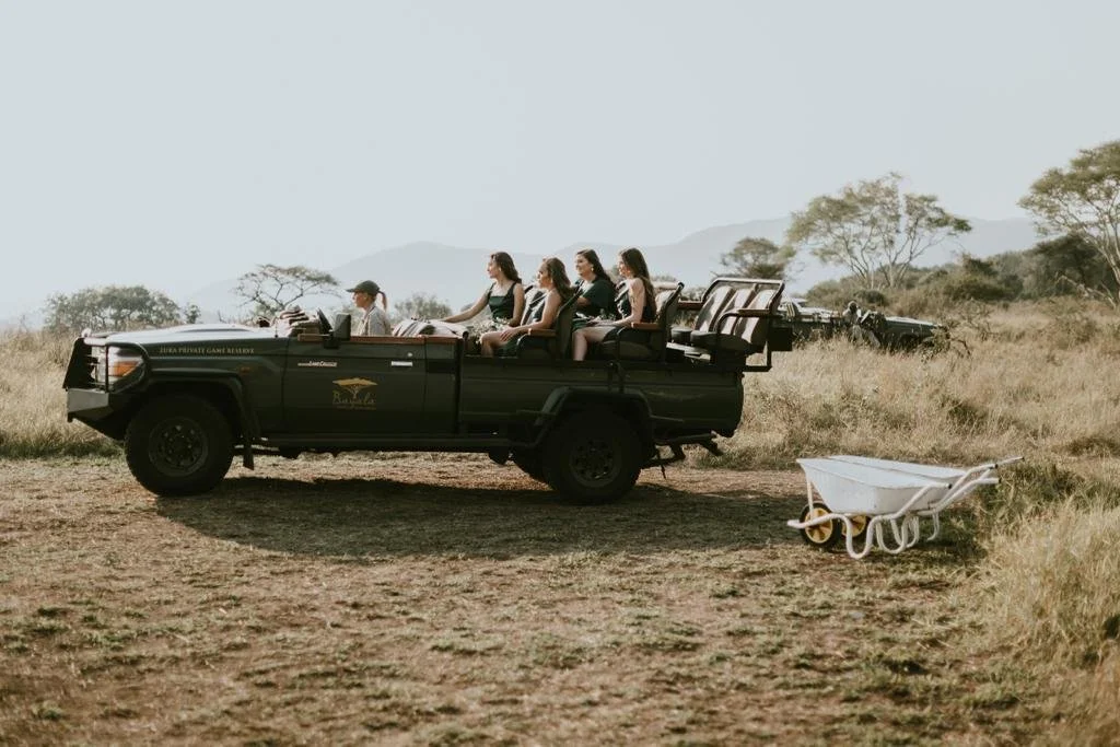 People on a safari tour riding in an open-top vehicle in the grasslands with a white wheelbarrow nearby and trees and mountains in the background.