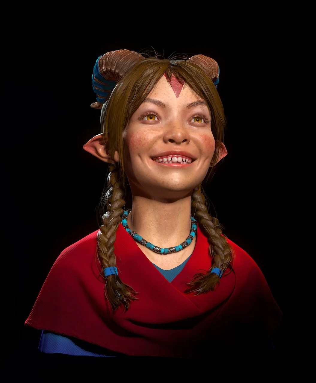 A person with fantasy character features, including human face with small horns, elf-like ears, and yellow eyes, wearing a red cloak, with braided hair and a blue beaded necklace, smiling.