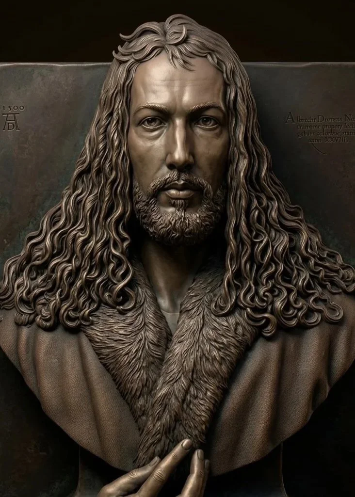 Bronze bust sculpture of Albrecht Durer with long curly hair, beard, and wearing a fur-collared cloak.