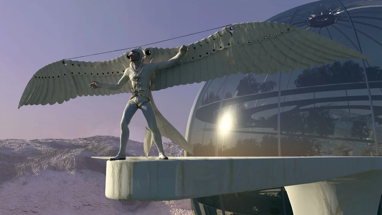 A futuristic sculpture of a person with large bird wings standing on a platform outside a modern glass building, with mountains in the background during sunset or sunrise.