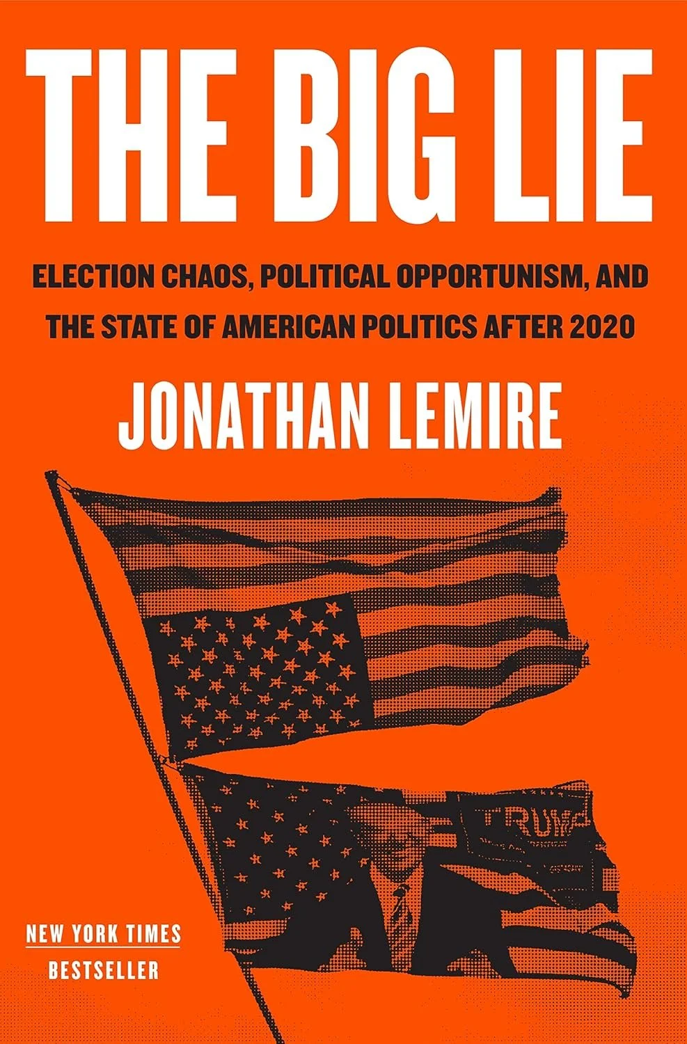 Book cover titled "The Big Lie" with an orange background, black and white American flags, and an image of a man holding a "Trump" sign.