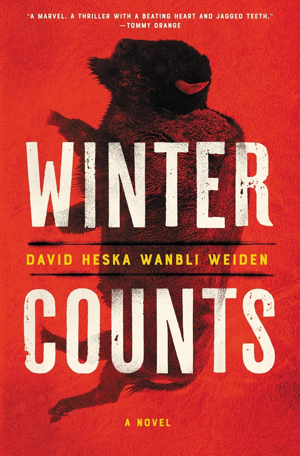 Book cover of "Winter Counts" by David Heska Wanbli Weiden, featuring a black bird with a red beak on a red background.
