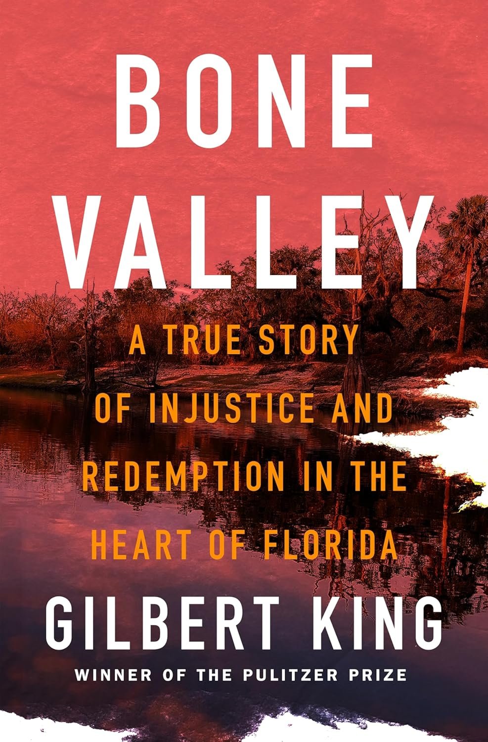 Book cover for 'Bone Valley' by Gilbert King, showing a sunset over a swampy landscape with trees and a reflective waterbody.