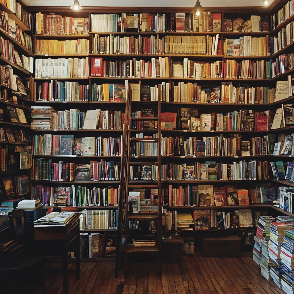 Interior of a bookstore with tall wooden shelves filled with books, a wooden ladder for reaching high shelves, and stacks of books on the floor.