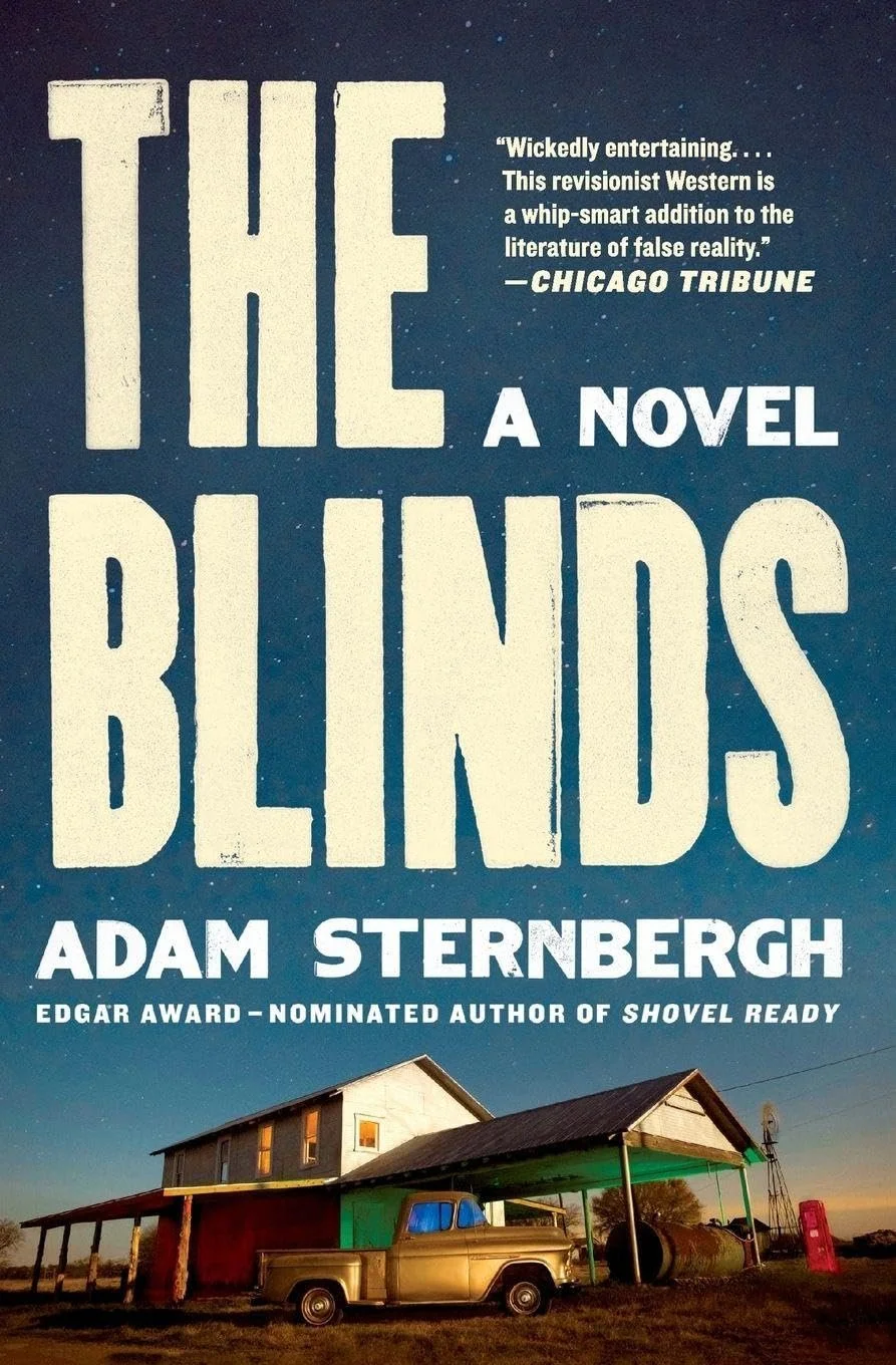 Book cover of "The Blinds" by Adam Sternbergh, featuring a barn, vintage truck, and clear evening sky with stars.