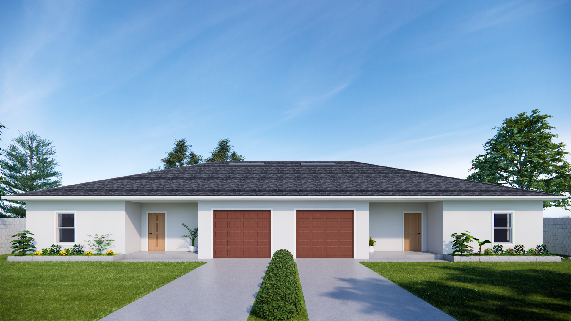 Modern house with two garages, front doors, landscaped yard, and clear blue sky.