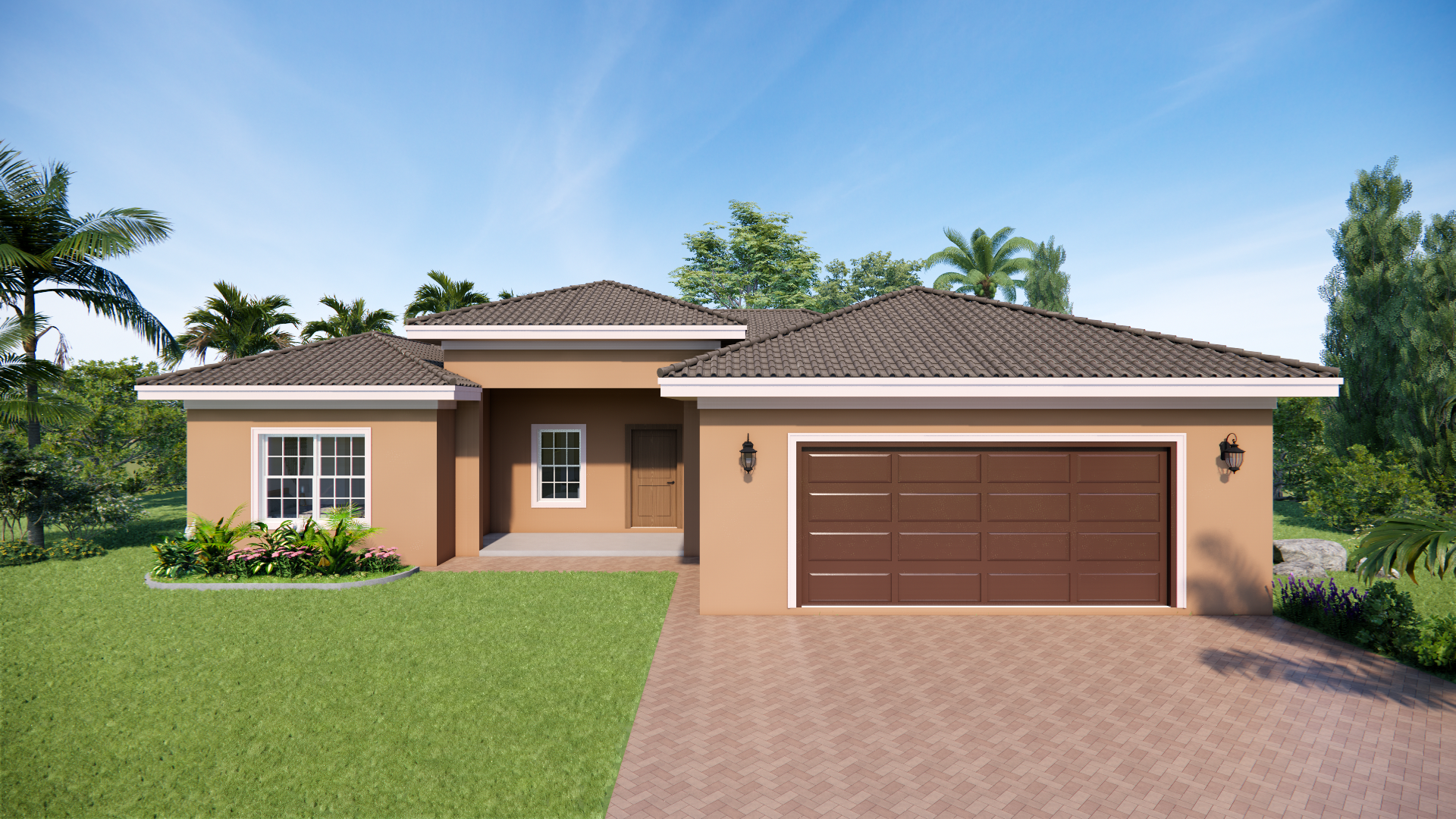 Single-story house with tan walls and a brown tiled roof, featuring a two-car garage, front porch, and landscaped yard surrounded by greenery and trees under a blue sky.