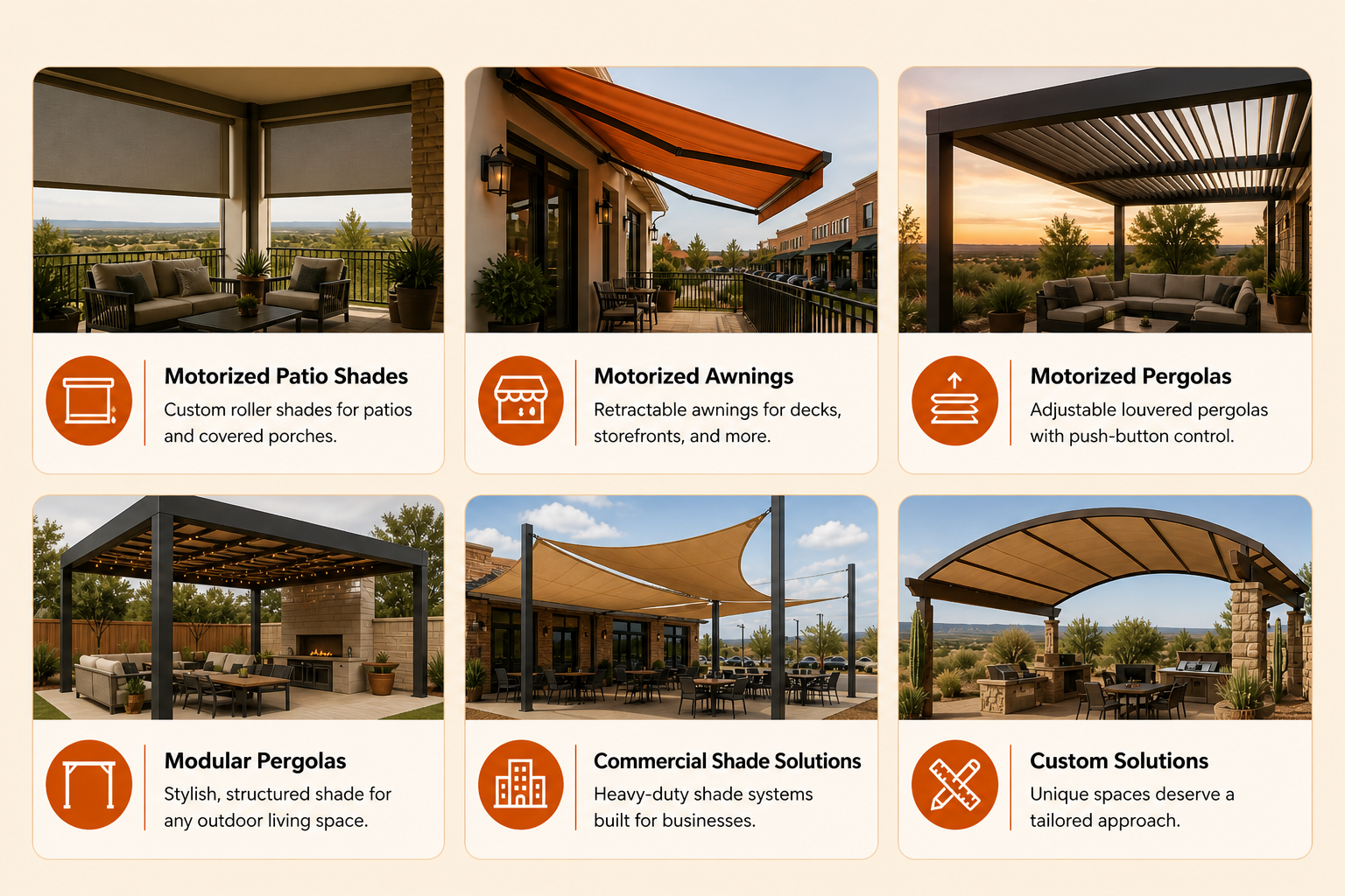 A variety of outdoor patio shades including motorized patio shades, motorized awnings, motorized pergolas, modular pergolas, commercial shade solutions, and custom solutions, each shown in different outdoor settings.