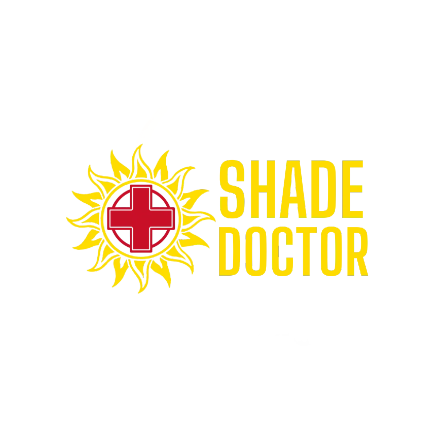 Logo of a sun with a red medical cross in the center and the text 'SHADE DOCTOR' in yellow next to it.
