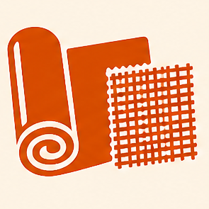 Illustration of a rolled-up carpet, a rectangular mat, and a woven rug in orange.
