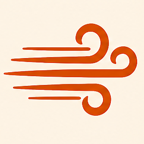 Stylized orange wind symbol with three swirling curves and three horizontal lines on a light background.