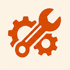Icon of a wrench and gears on a white background.