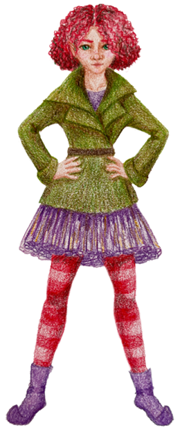 Elf girl with curly red hair wearing a green coat, purple skirt, red and white striped tights, and purple boots, standing with hands on hips.