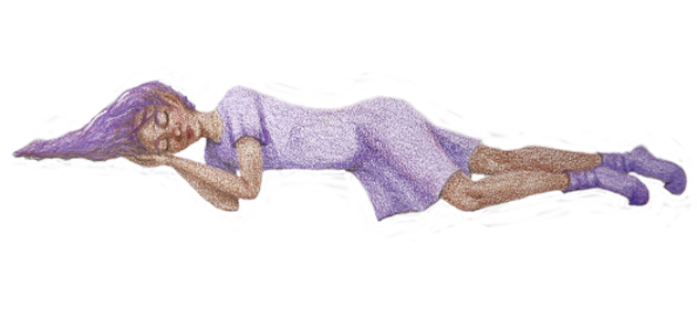 A young elf girl with long hair lying on her side with eyes closed, wearing a purple dress and socks.