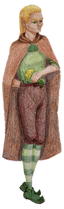 Elf wearing a cape, holding a glass dome with a plant inside, dressed in vintage clothing with striped stockings and green shoes.