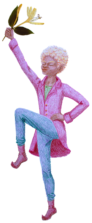 Animated illustration of an elf boy with curly blonde hair holding a flower, standing with one foot on a step, wearing a pink coat, green top, blue jeans, and pink shoes.