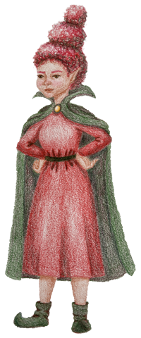 An elf with a large red flower-shaped hairstyle, wearing a red dress with a black belt, green cape, and black boots.