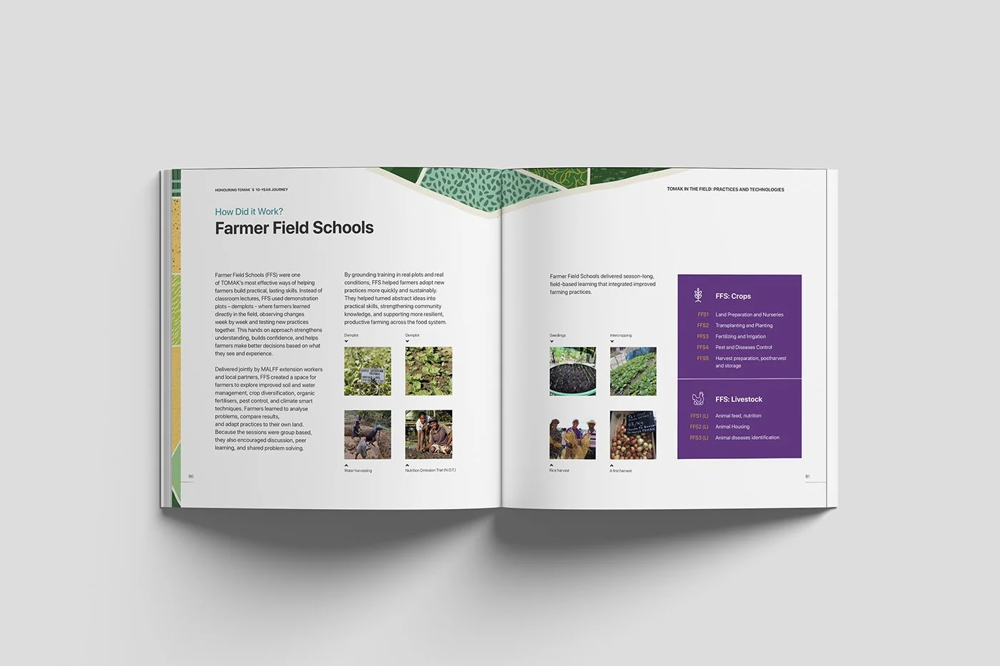 Open booklet showing pages about farmer field schools, with text, images of farming activities, and a purple sidebar listing crop and livestock practices.