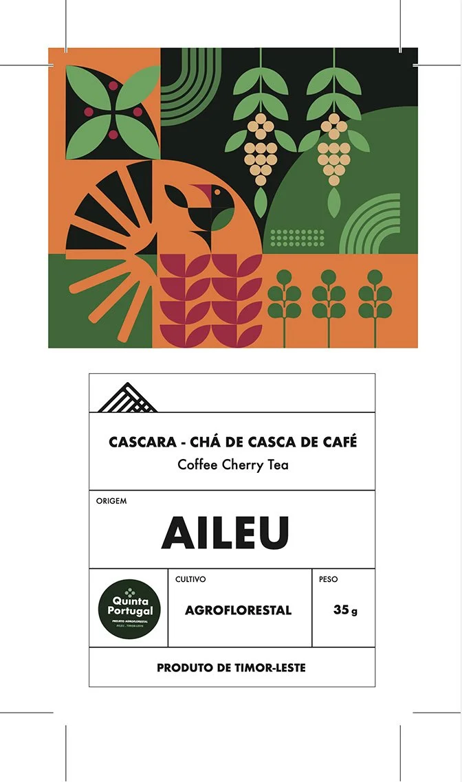Illustration of various plants, including coffee cherries, leaves, and abstract designs in green, orange, and black.