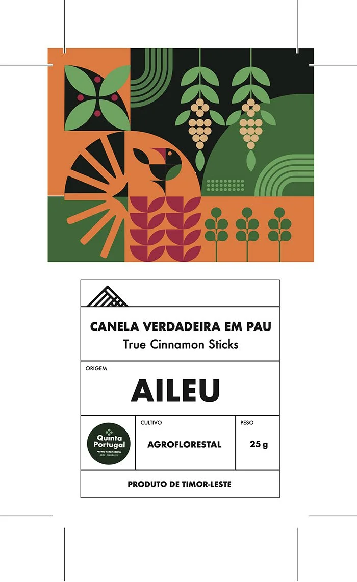 Colorful design featuring geometric representations of a bird, leaves, and plants, with a label below providing product information for true cinnamon sticks from Timor-Leste, originating from Portugal, used in organic agroforestry cultivation, weighing 25 grams.
