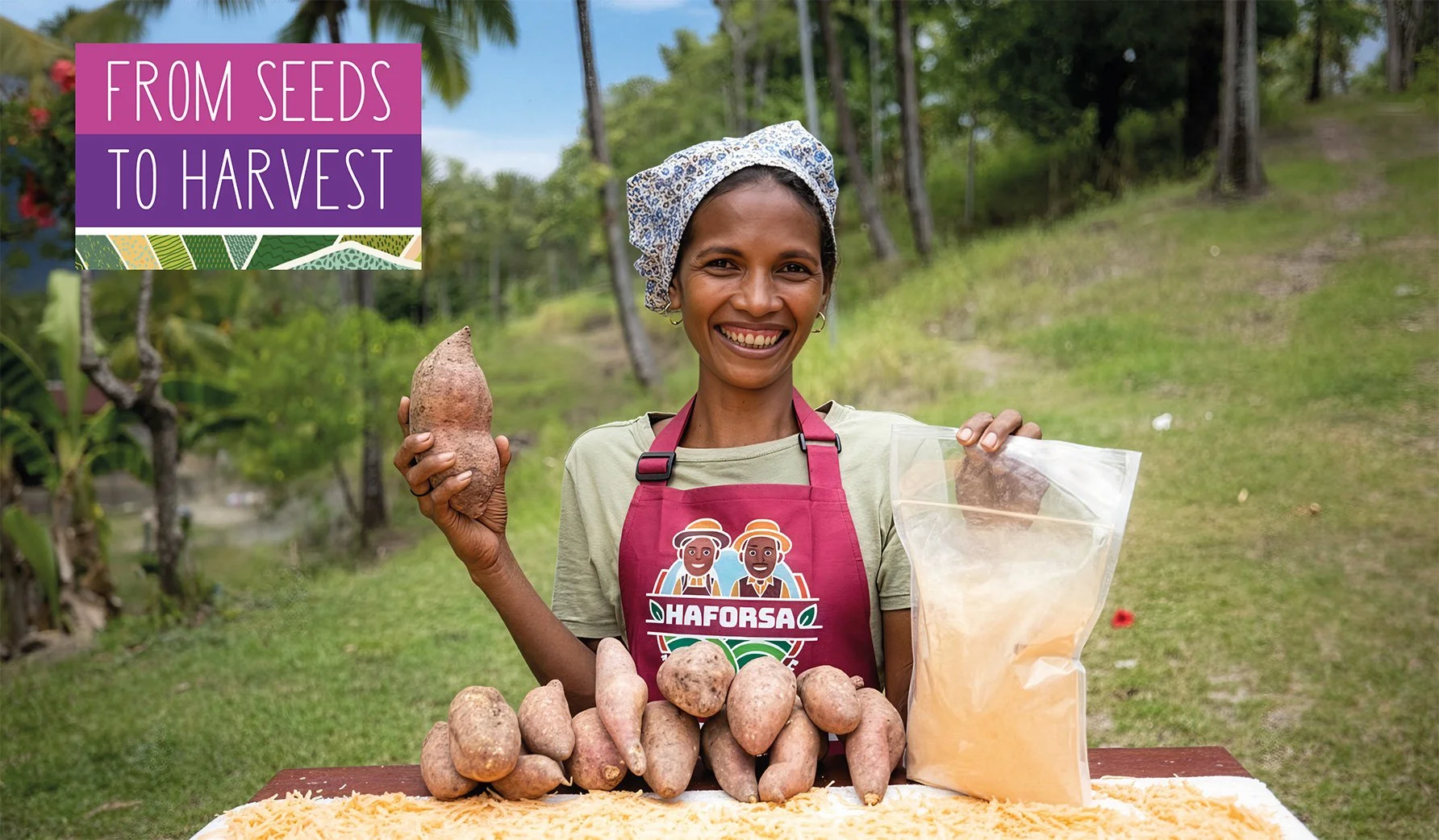 A woman wearing a pink apron with the logo 'HAFORSA' and a blue patterned headscarf, smiling outdoors in a green area with trees in the background, holding a sweet potato in her right hand and a plastic bag filled with shredded cheese in her left hand, with a table of more sweet potatoes and grated cheese in front of her.