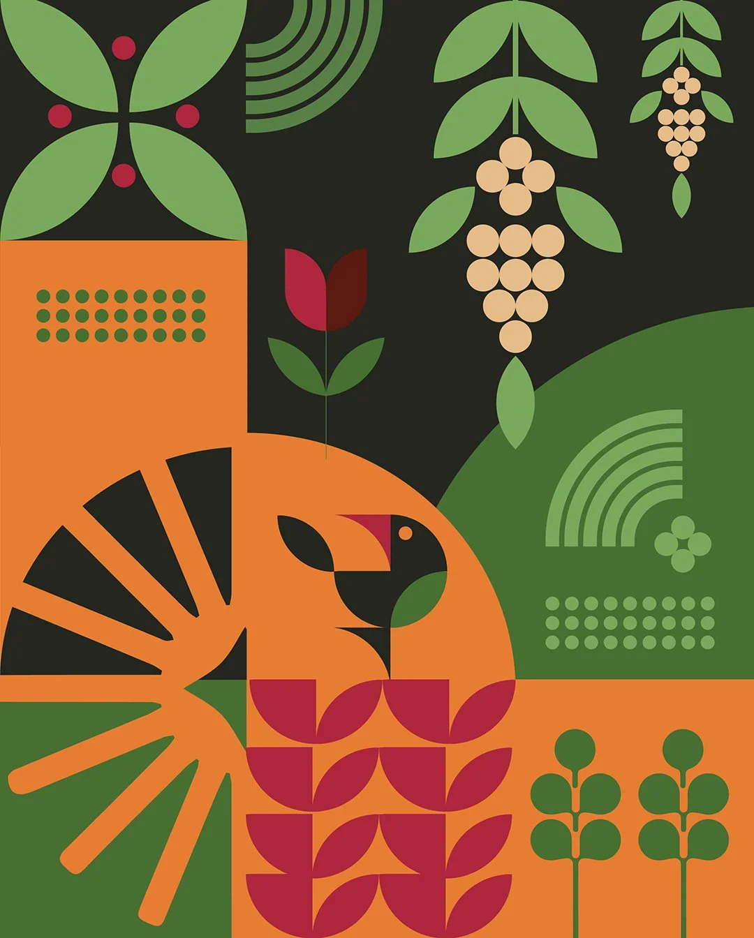 Abstract illustration of a toucan bird in a garden with potted plants, leaves, and berries in black, green, orange, and red colors.
