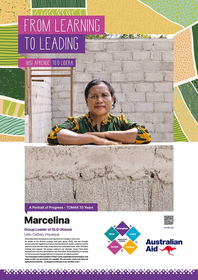 Portrait of a woman sitting with her arms crossed on a concrete ledge in front of a brick wall, wearing a colorful patterned shirt, with colorful graphic design elements and text about her story and organization.