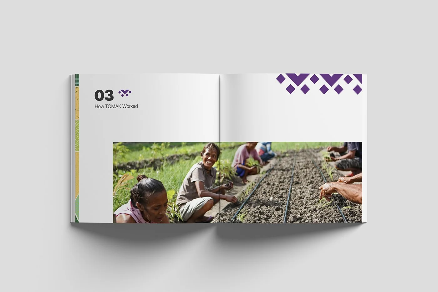 Open magazine showing a photo of people planting crops in a field.