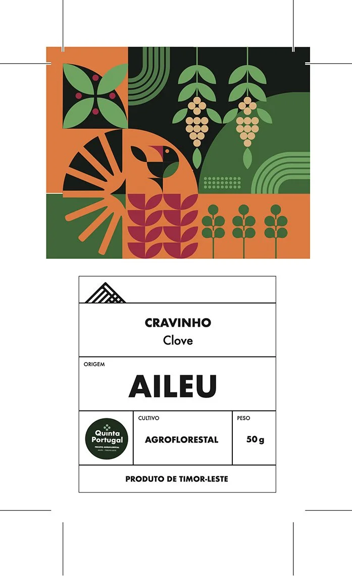 Packaging label for clove seeds with colorful geometric design, including illustrations of cloves, leaves, and plant elements, with text indicating the product is from Timor-Leste, organic cultivation, 50 grams.