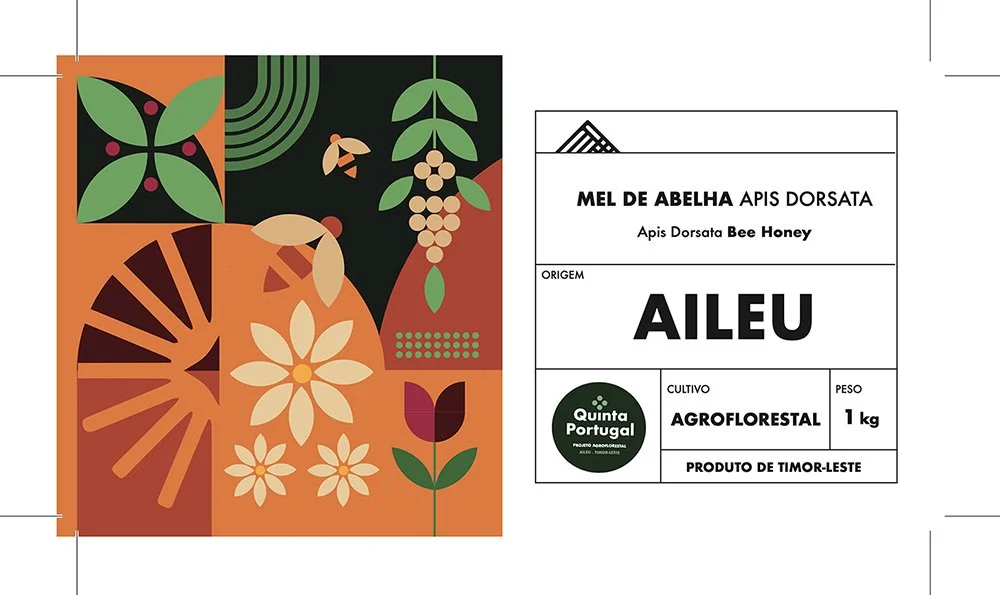 A colorful label with botanical illustrations and text in Portuguese and English describing honey from the Apis dorsata bee, with origin from Aileu, Timor-Leste, produced by Quinta Portugal, weighing 1 kilogram.