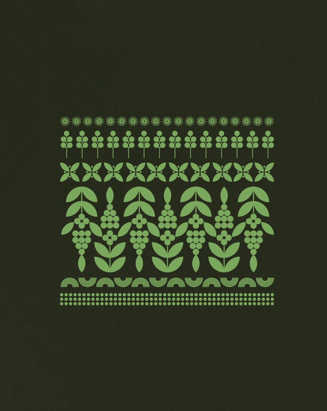 Green floral and geometric pattern on dark background with multiple rows of stylized flowers, leaves, and decorative motifs.