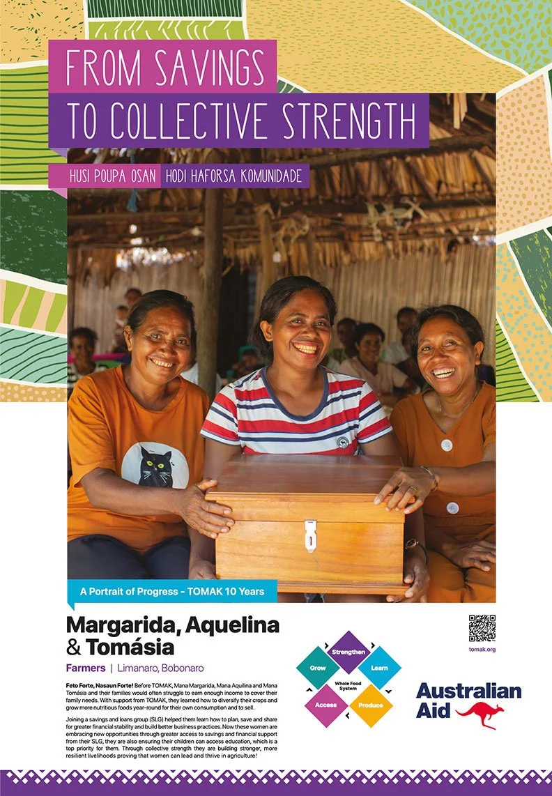 Cover of a publication titled 'From Savings to Collective Strength' featuring three smiling women sitting with a wooden box, in a rural setting, with a background of thatched roof structures and other people.