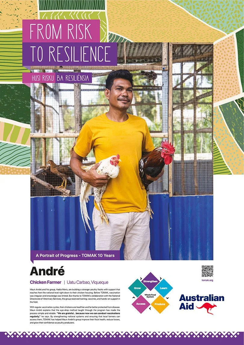 A timorese man holding a chicken and a rooster in front of a poultry enclosement, smiling at the camera.