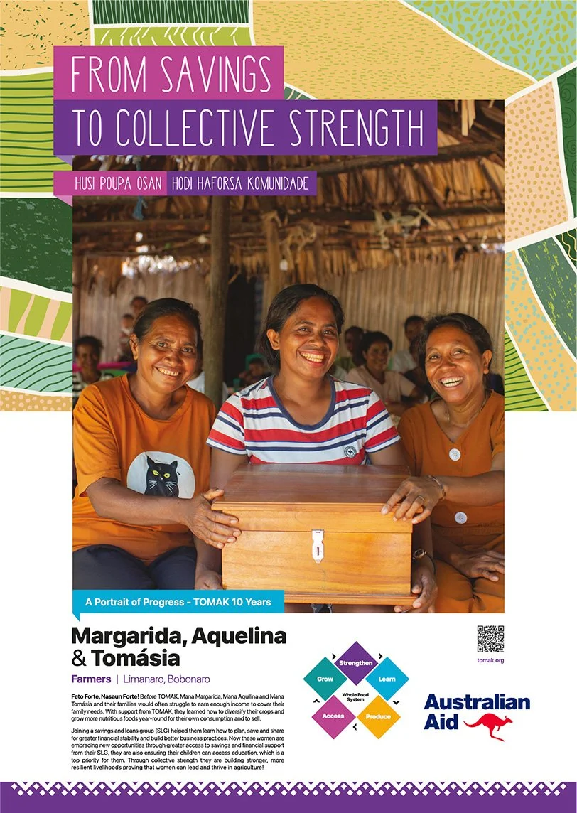 Group of smiling women in a community setting holding a wooden box, with others sitting in the background, under a thatched roof.